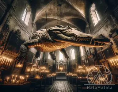 In an Italian church, a five hundred year old crocodile is suspended from the ceiling