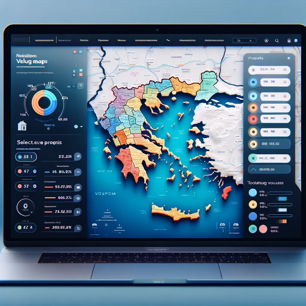An interactive digital real estate price map displays the value of real estate in Greece.