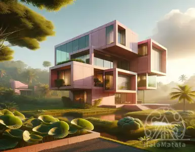 Glass curved walls penetrate a pink house in Thailand.