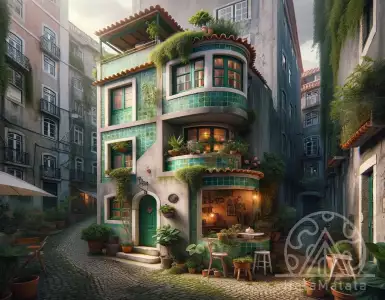 Buck Gordon inserts a green tile house on a steep slope in Lisbon.