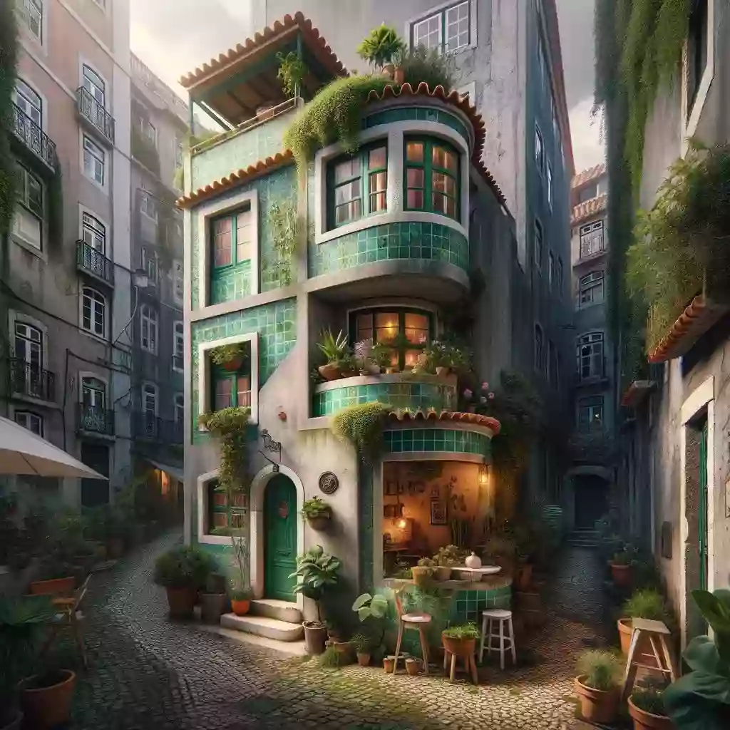 Бак Гордон вставляет дом из зеленой черепицы на крутом склоне в Лиссабоне.