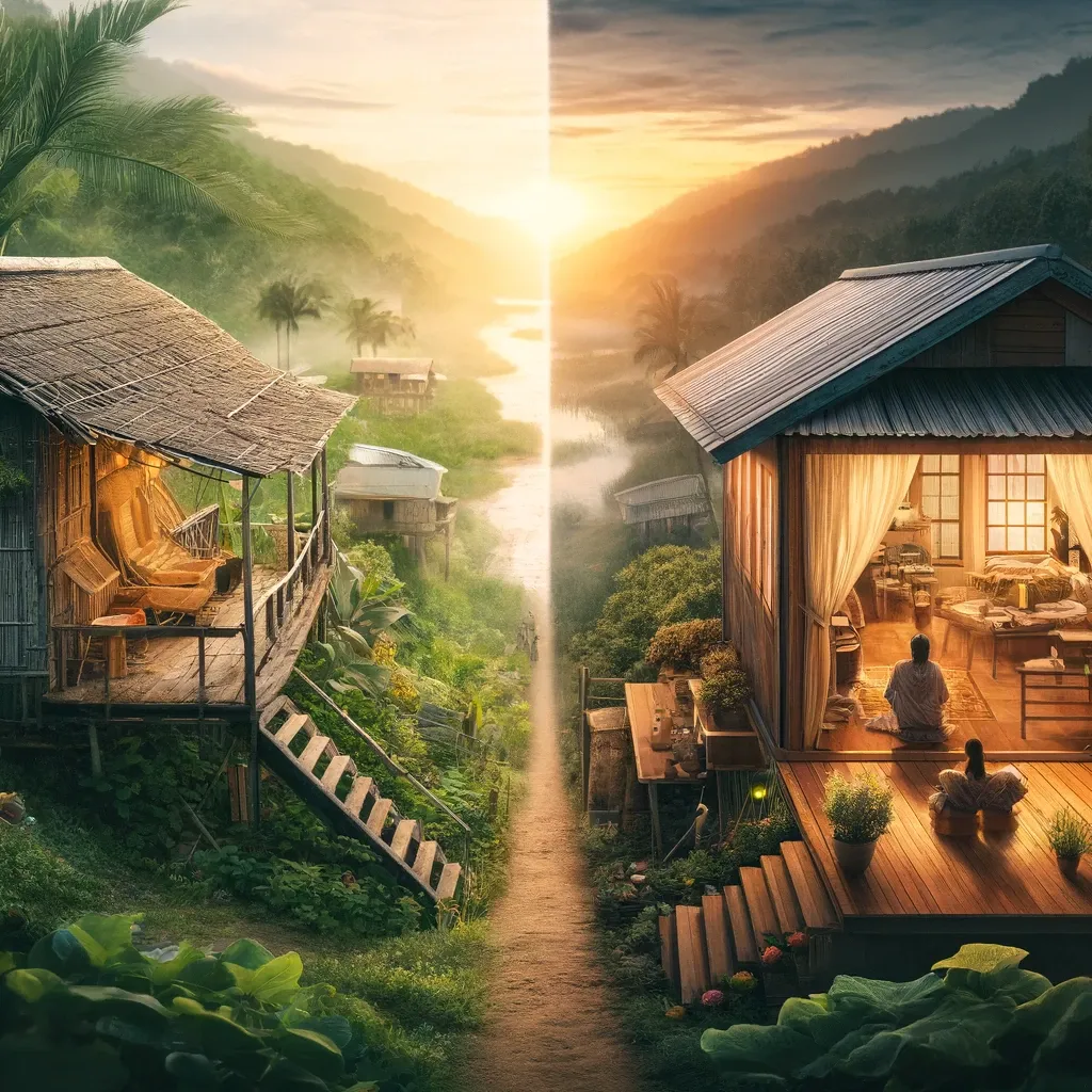 A young couple builds a small house in rural Thailand for $22,500; no debts, but life remains difficult.