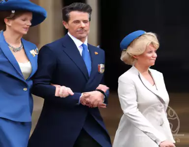 Princess Maria-Chantal of Greece looked magnificent in a linen cuckoo color at the coronation of King Charles III.