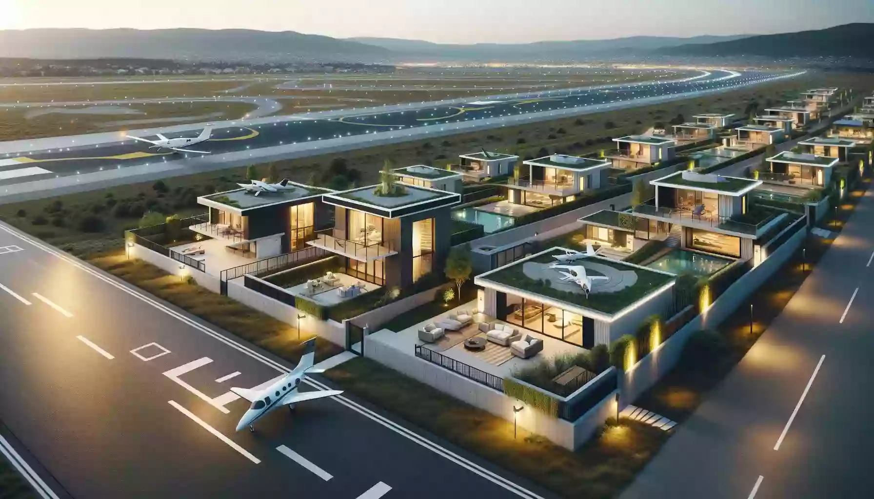 Project of aviation neighborhoods in France: A residential area with airplanes in the garage.