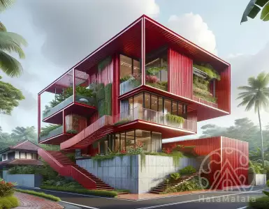The iron sheets form a red house in Indonesia.