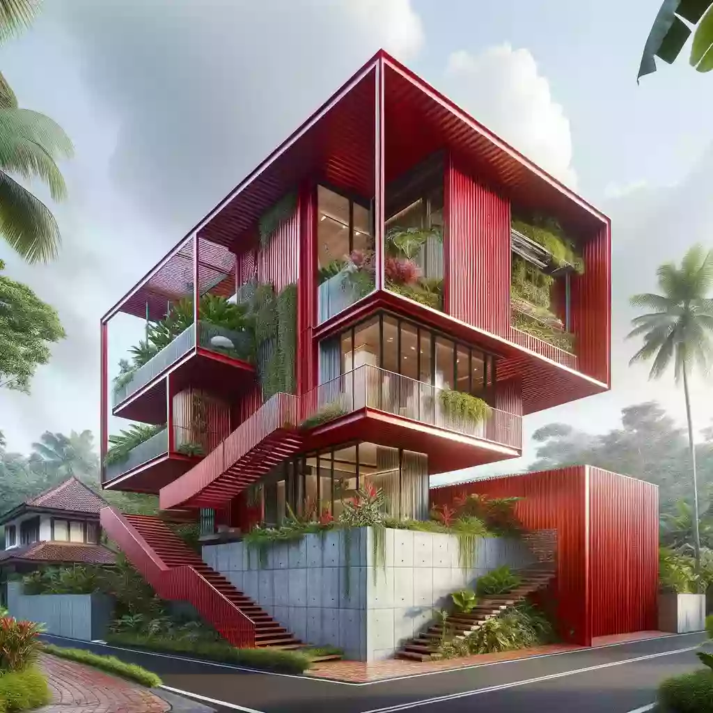 The iron sheets form a red house in Indonesia.