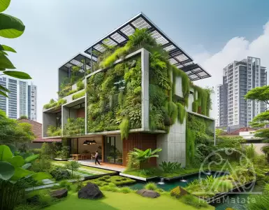 Brick facade of the Grioaze house with trees in the yard, Indonesia